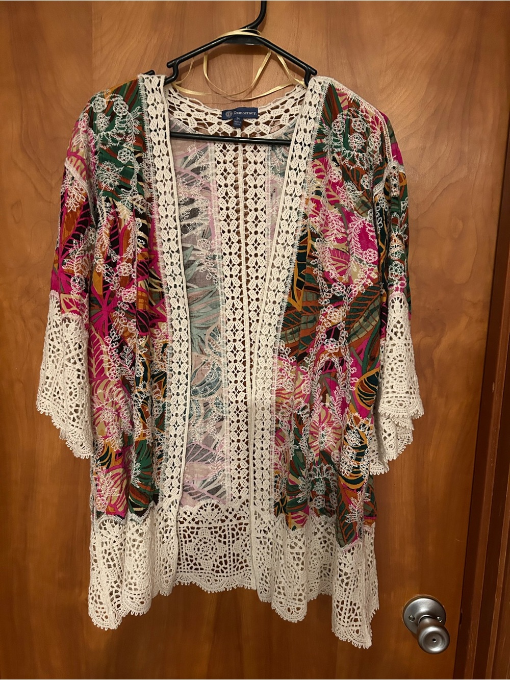 Democracy Crochet-Trim Floral Kimono in Pink, Green & Cream